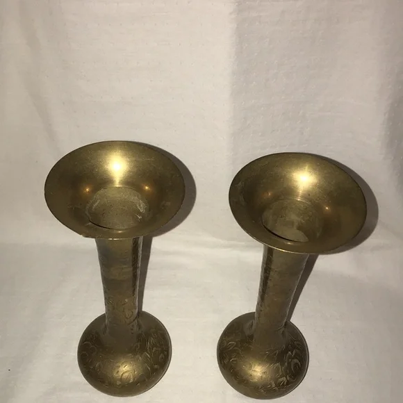 2 Brass Flower Vases made in India - 12” tall - Picture 2 of 11